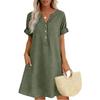 Womens V Neck Button Down Short Sleeve Loose Fit Linen Tunic Dress with Pockets Casual Summer Dress