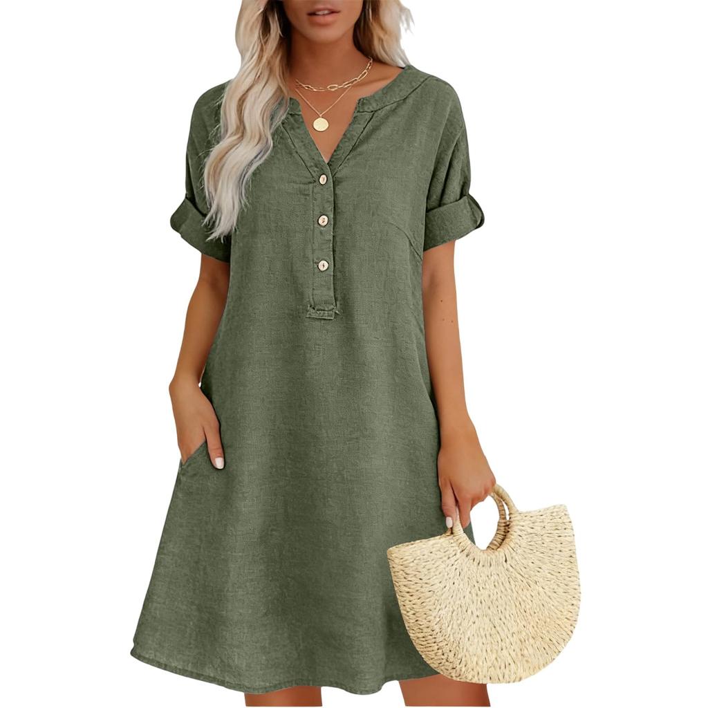 Womens V Neck Button Down Short Sleeve Loose Fit Linen Tunic Dress with Pockets Casual Summer Dress