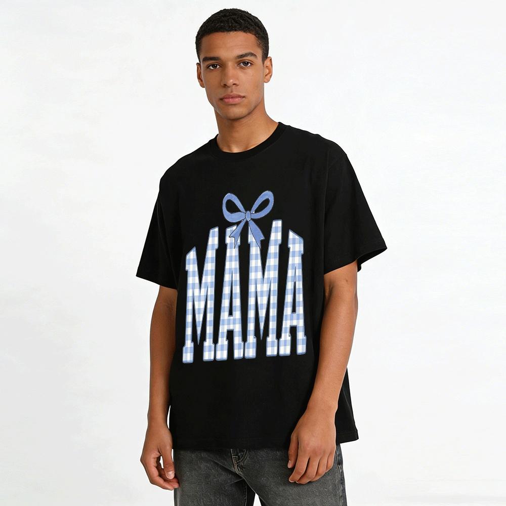 Blue Gingham MAMA Bow Print Casual Short Sleeve Top Pure Cotton T-shirt