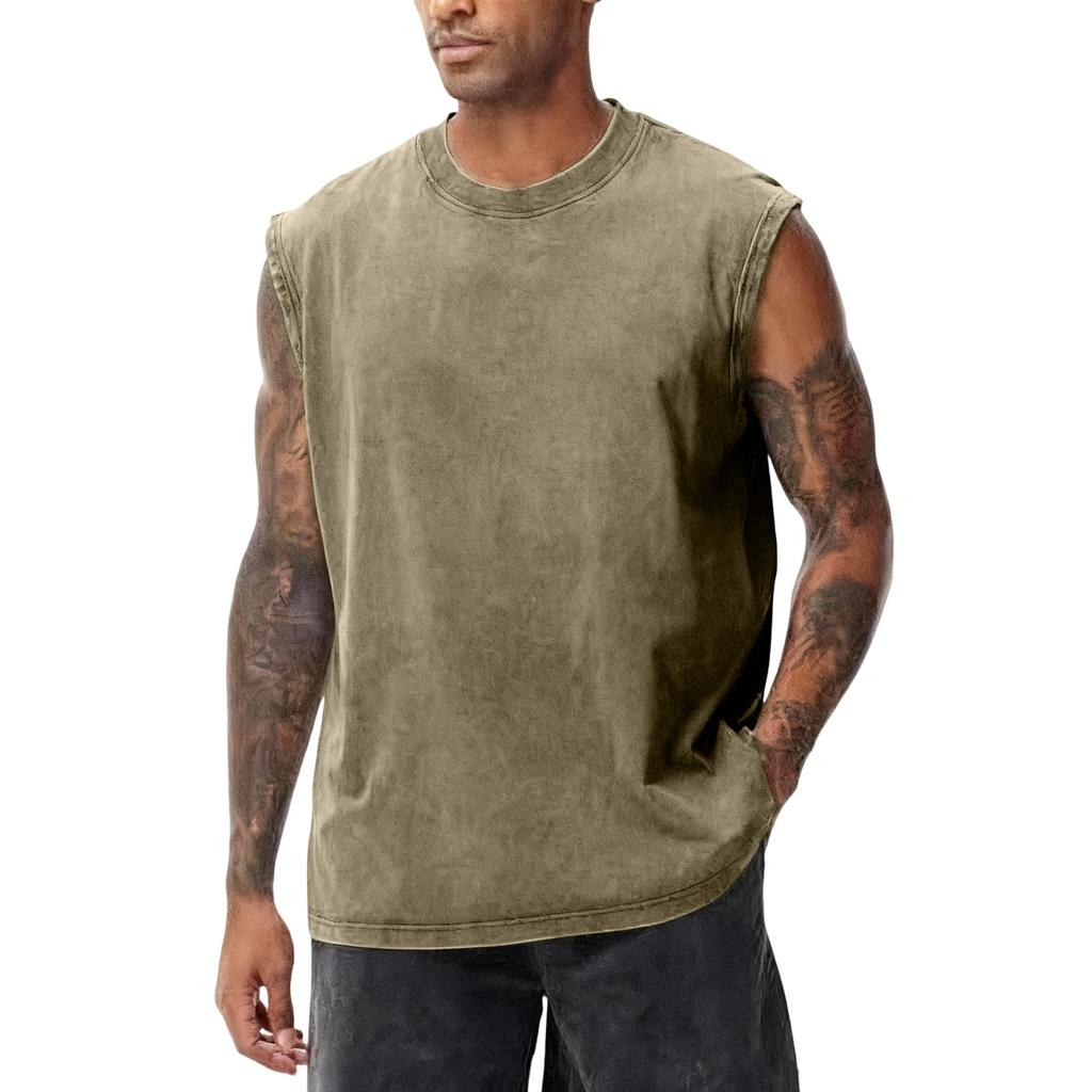 Gilet Casual da Uomo Lavato all'Americana Senza Maniche, Top T-shirt da Uomo Retro in Cotone Girocollo