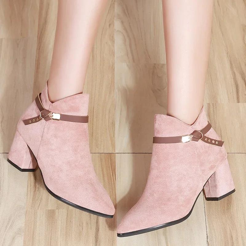 Women Boots Casual Leather Low High Heels Spring Shoes Woman Pointed Toe Rubber Ankle Boots Black Red Zapatos Mujer452