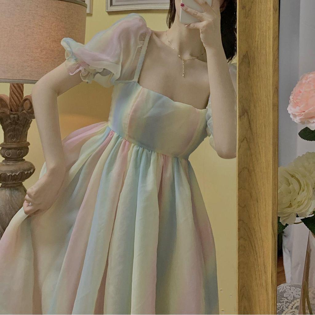 Summer French Princess Style Puff Sleeve Dress - Fluffy Fairy Design