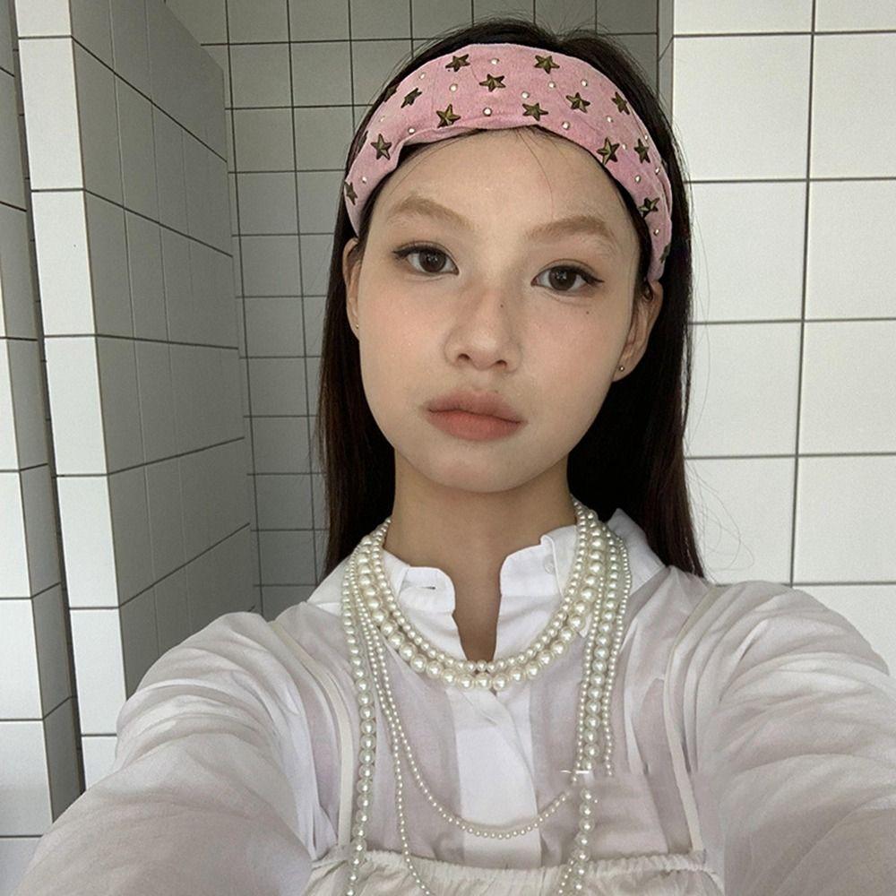 

Y2K Wide Edge Hairband Spicy Girl Retro Hair Hoop Hair Accessories Wide Star Rivet Headband Kids рожевий