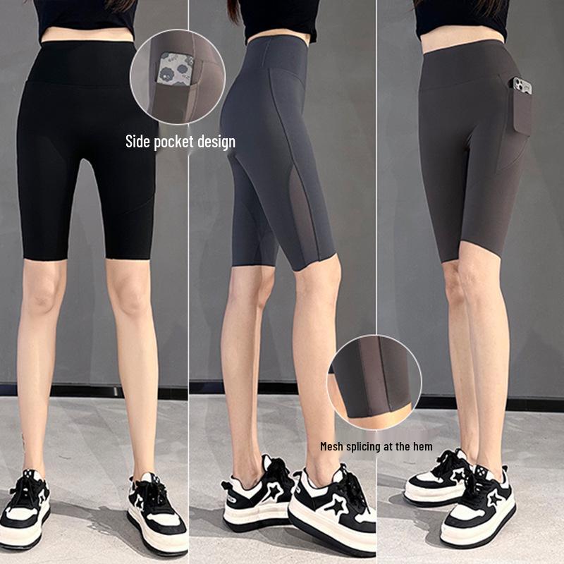 Tummy Control Pocket Mesh Underwear - Women s High-Waist Summer Leggings Five-point—Mocha