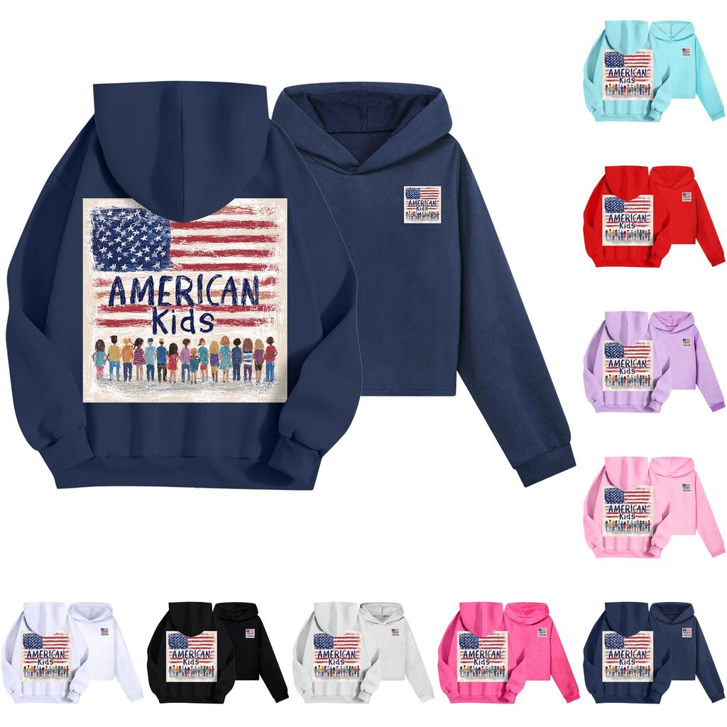 Kids Casual Fashion American Flag Printed Long Sleeve Hooded Sweatshirt