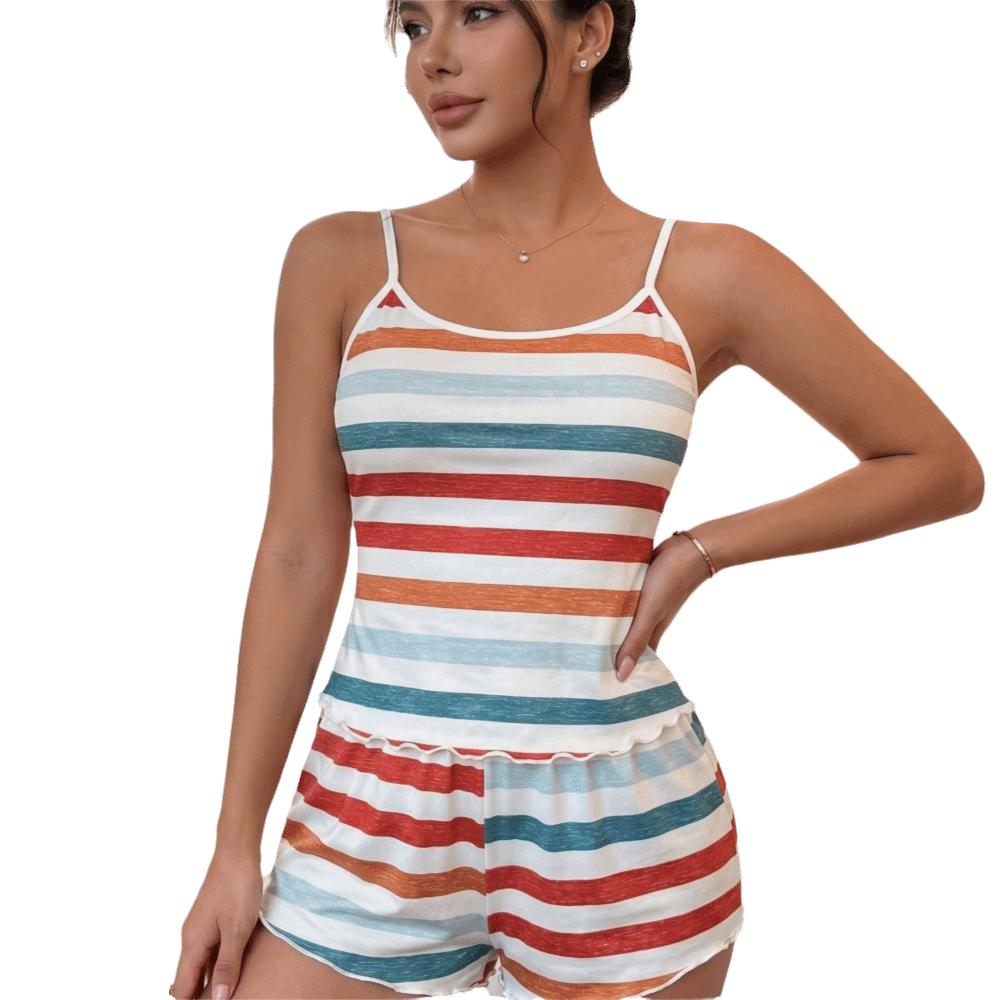 

Summer Colorful Striped Sleepwear Set Sleeveless Ruffle Loungewear Set Comfortable Two Piece Nightwear Home Lounge S