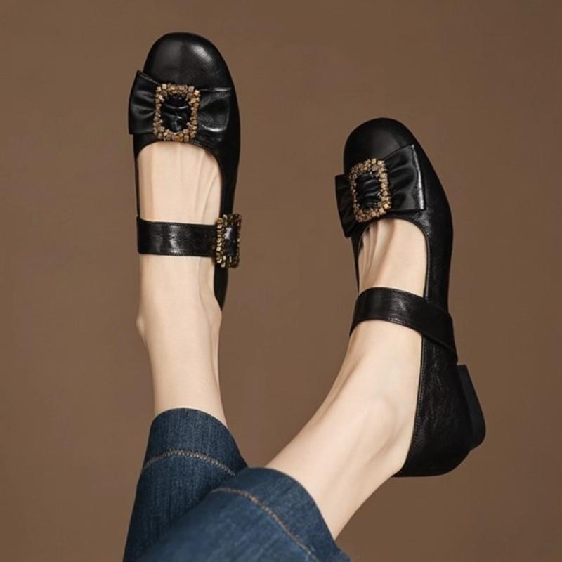 Fashion Retro Round Toe Metal Buckle Flat Mary Jane Shoes Women Fashion Round Toe Bow Low Heel Pumps Elegant Brand Designer Dress Shoes