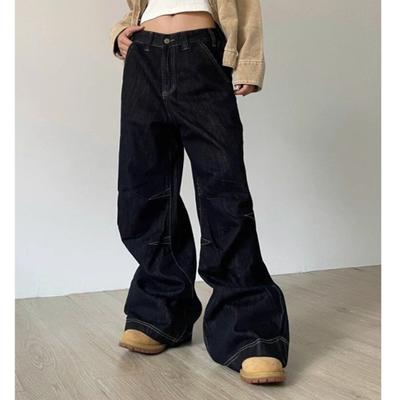 Y2k Black Jeans Women Vintage Oversized High Street Cargo Denim Trousers Wide Casual Baggy Straight Denim Pants