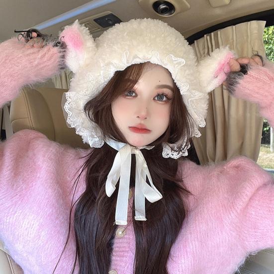 Lady Winter Hat Ladies Photo Prop Sheep Ear Decor Solid Color Fluffy Thick Keep Warm Windproof Adjustable for Students