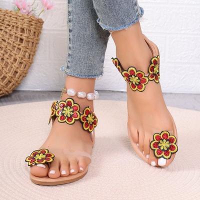 Large Size Flower Flat Sandals for Women's Vacation Style with Elastic Toe Band and Beach Sandals Wish