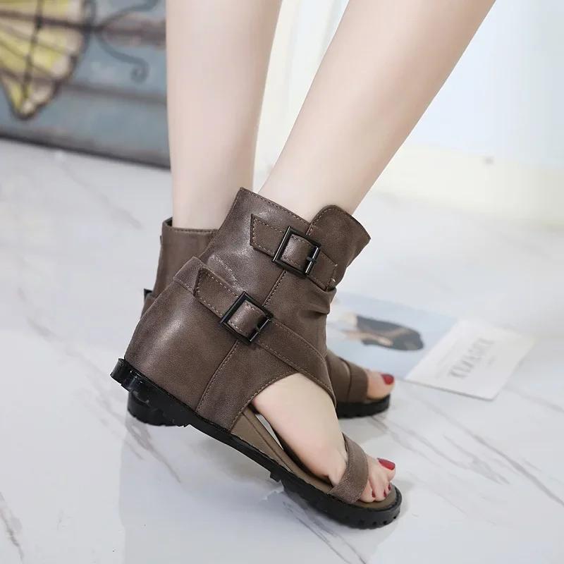 Fashion Vintage Wedges Roman Shoes for Women's Summer Peep Toe High Top Cool Boots Buckle Belt Back Zipper Cover Heeled Sandals