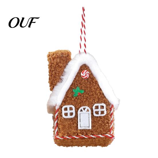 Tiered Tray Display Figurine Plush Christmas House Hanging Ornament, Fabric Gingerbread Cabin Pendant with Red And White Keepsake Rope, Xmas Tree for