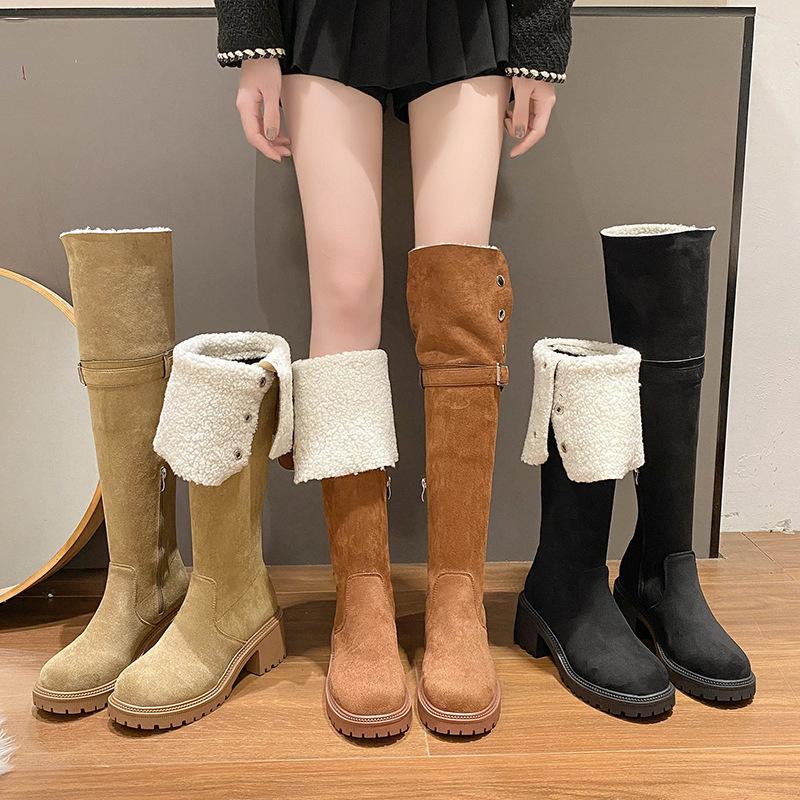 Two over-the-knee boots for women's 2025 new autumn and winter fleece fur high knight boots slim flat boots