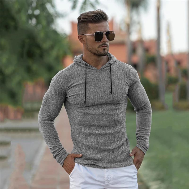 Muscleguys Spring Autumn Mens Running Hooded T-shirts Thin Knitted Sports Sweaters Classic Pit Strip Slim Fit Gym Fitness Pullover T Shirts