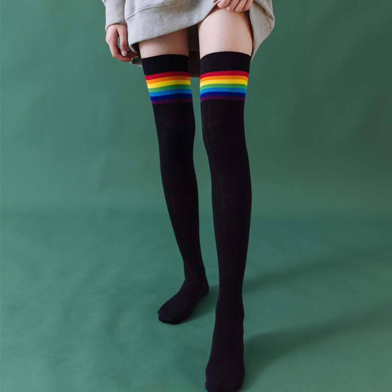 Überknielange Lolita Lange Strümpfe Damen Socken Baumwolle Jk Hoher Schaft Regenbogen Streifen Knielange Socken College Wade Lolita Socken Kawaii black