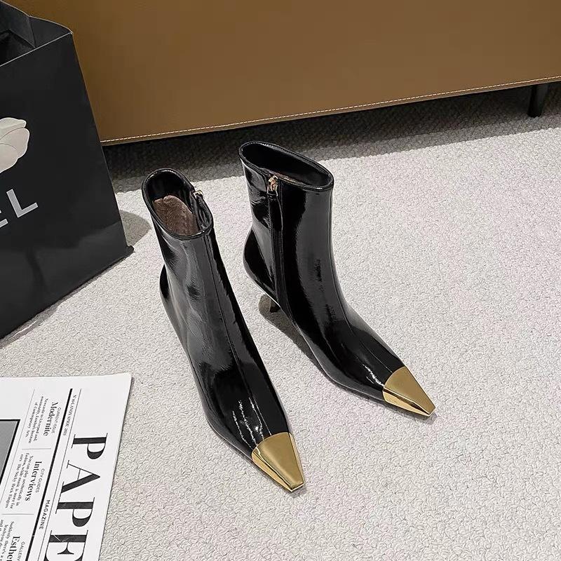 Women Pointed Stiletto Heel Ankle Boots 2025 New European Style Metal Toe Black Gold Sexy Boots