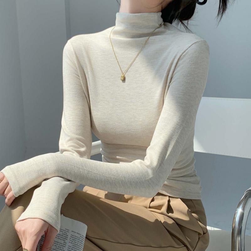 Autumn Winter High Collar Color Simple Fashion Bottomed Tee Women Long Sleeve Slim Casual Pullover T-shirt Top