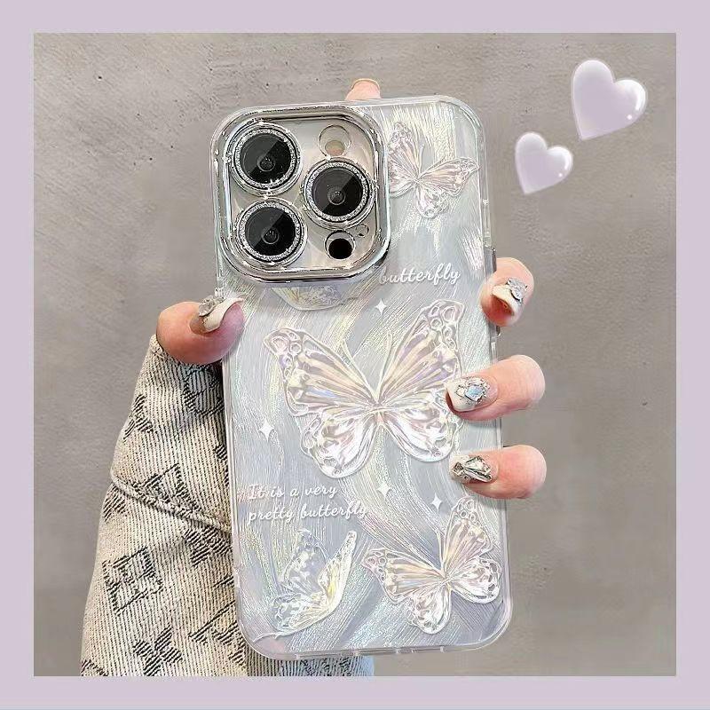 Silver Butterfly Hole Suitable for Apple 16promax Mobile Phone Case for Women IPhone 15 Lens 14 Feather Yarn Protective Case