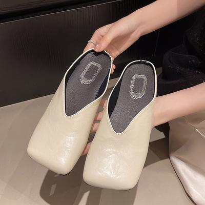 Women Mules Summer Elegant Square Closed Toe Flat Slippers Female Shoes Casual Leather Black White Slides Plus Size 35-43