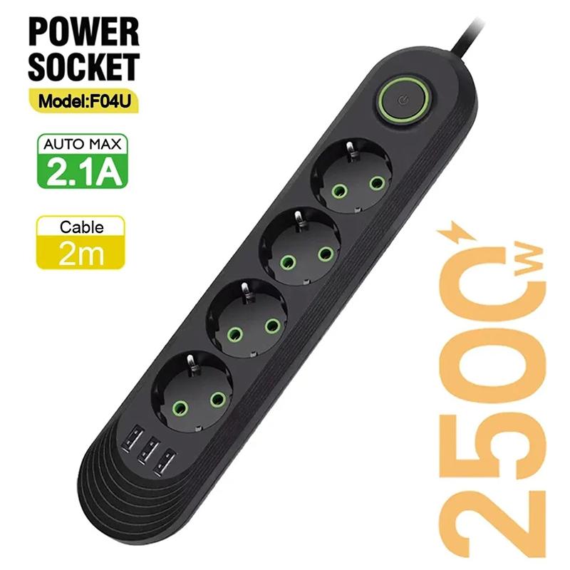 2500W EU Plug AC Outlet Multiprise Power Strip 2m Extension Cord Electrical Socket Network Filter With USB Ports Fast Charging