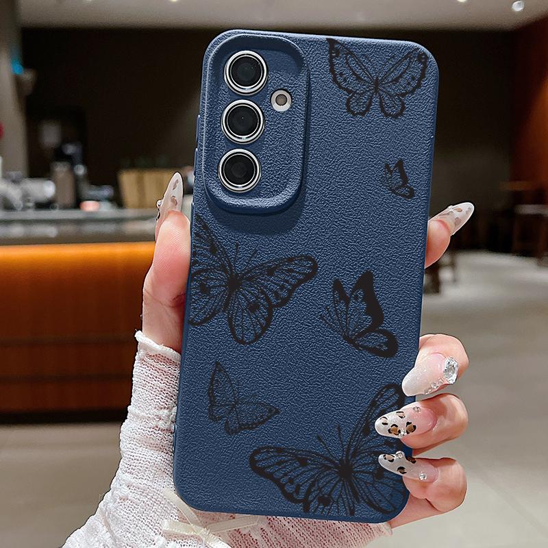 Leather Texture Butterfly Printed Case For Samsung Galaxy S24 FE S25 S23 S22 Ultra A16 A55 A15 A54 A35 A25 A56 5G Soft TPU Cover