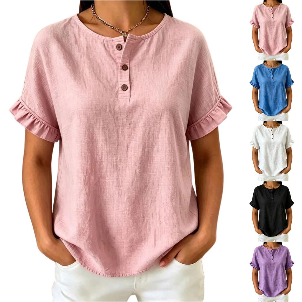 Women Loose Fit Short Sleeve Blouse Ruffle Trim Button Front Top Casual Lightweight Summer Shirt