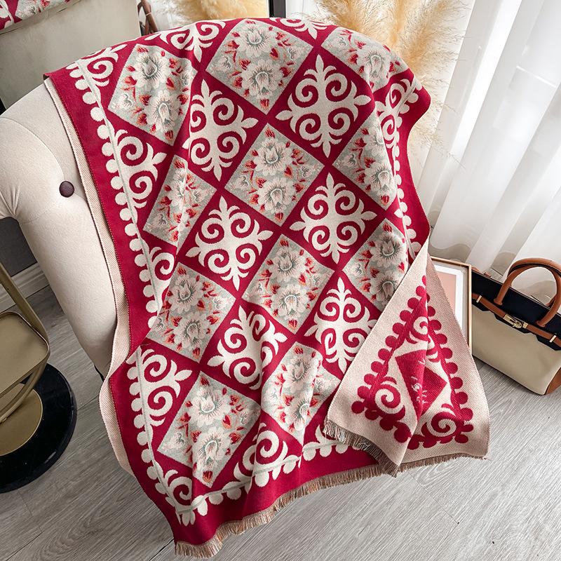 New Autumn and Winter Vintage Two-Tone Patchwork Printed Scarf, Faux Cashmere, Warm and Stylish Neck Wrap, Trendy Large Shawl