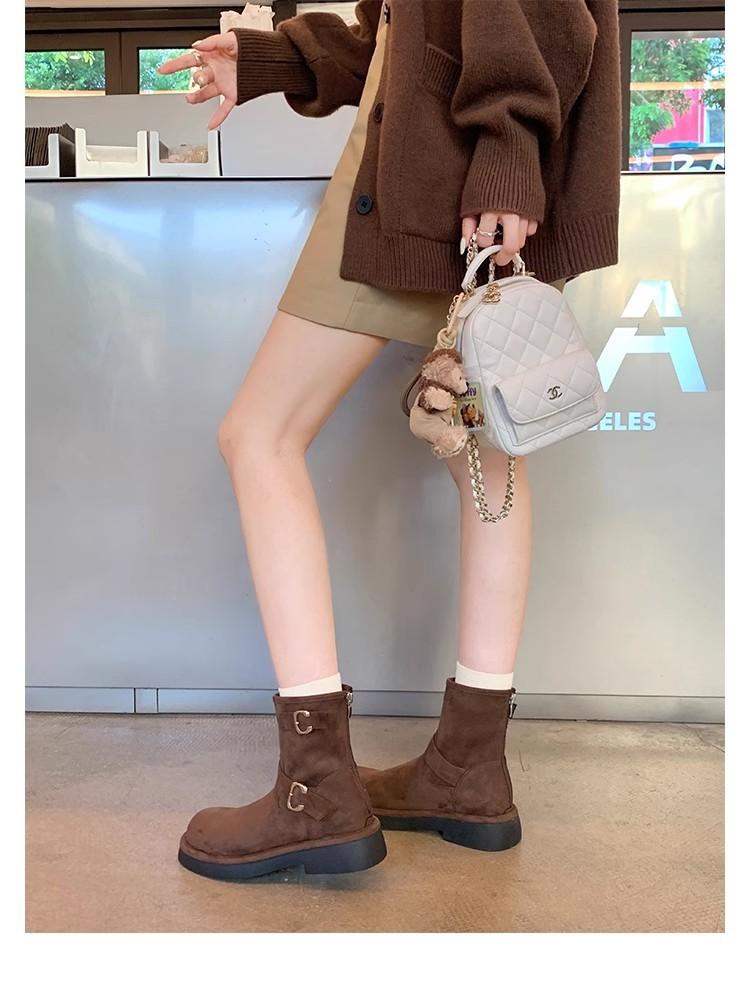 Leather medium boots women's autumn and winter new retro locomotive buckle with round head thick sole heightening western knight Martin boots