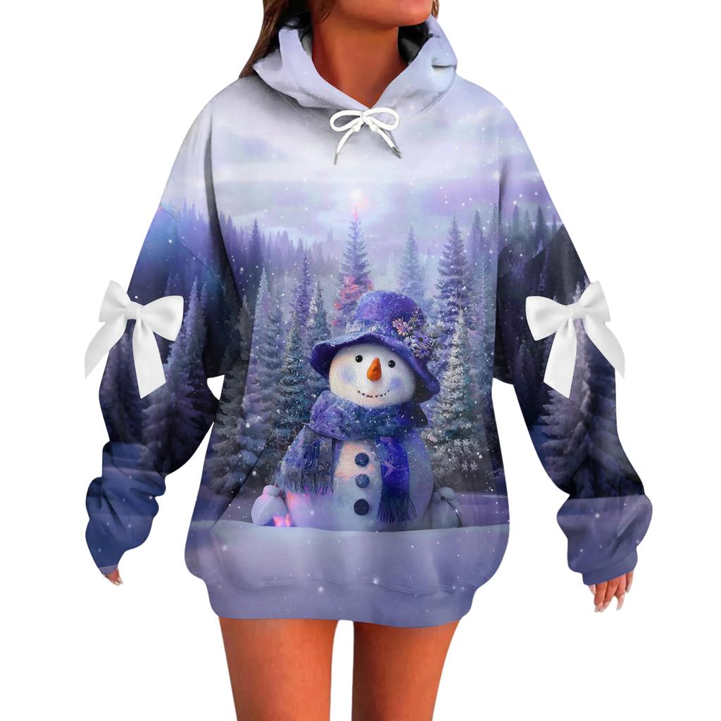 Ladies' Christmas Printed Bow Long Sleeved Loose Fitting Headband With Rope Hooded Sweatshirt Top