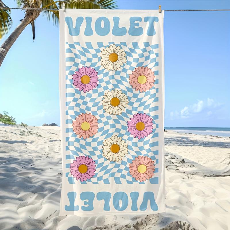 Personalized Beach Towel Daisy Plaid Custom Name logo Microfiber Beach Towel Thin Absorbent for Beach Swimming Yoga Bath Sports