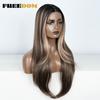 FREEDOM 28 Inch Straight Synthetic Lace Front Wigs For Women Ombre Brown Blonde Highlight Layer Cosplay Lace Wigs Heat Resistant