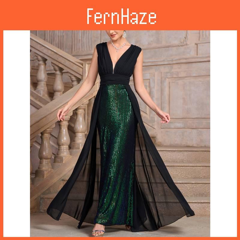 Polyester Sequined A Line Dress For Formal Parties With V Neck And Sleeveless Design