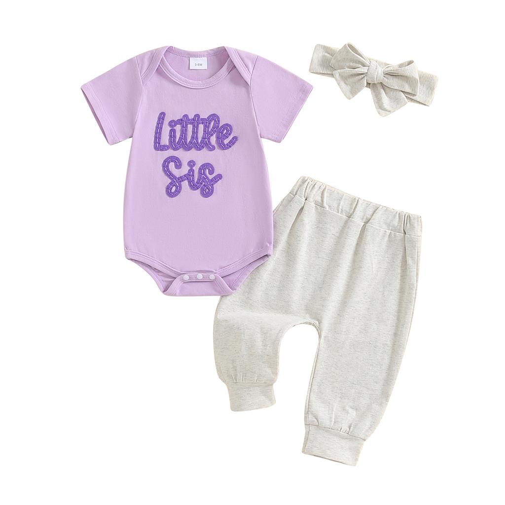 Baby Girl Summer Outfits Letter Embroidered Short Sleeve Rompers Long Pants Headband 3Pcs Clothes Set