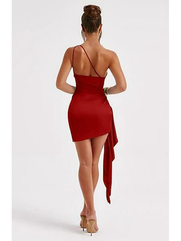 One-Shoulder Ruched Slit Satin Dress - European & American Summer Elegance