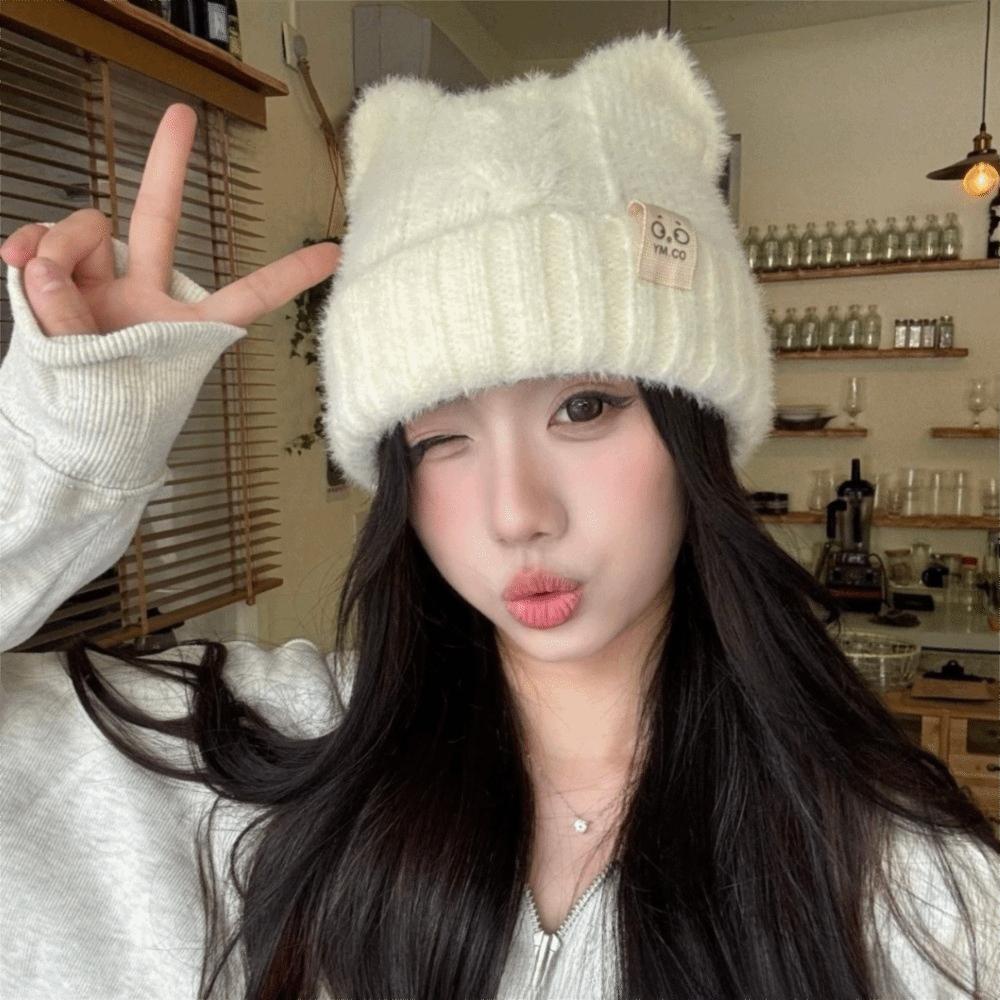Cold Proof Knitted Beanie Hat Thermal Winter Skull Cap Fashion Cat Ear Beanie Daily Wear