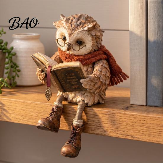 Reading Owl Statue for Home Decor Figurine, Creative with Glasses Scarf Boots And Open Book, Decorative Animal Figure Mantel Sculpture Book Nook Shelf