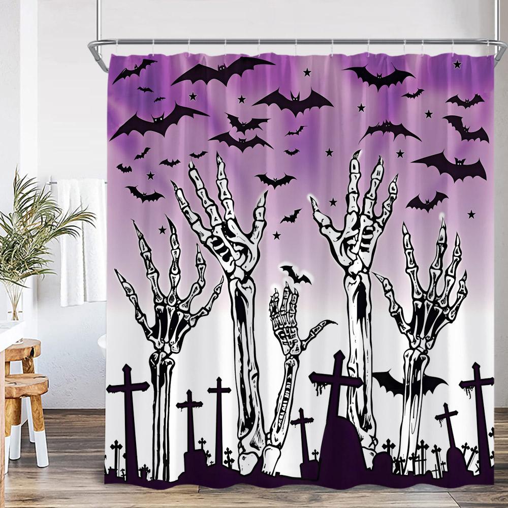 Full Moon Night Halloween Shower Curtain Flying Witch Evil Pumpkin Wizard Graveyard Horror Bath Decoration Bathtub Curtain