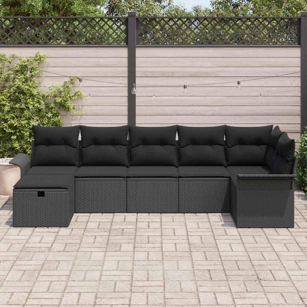 7 Piece Garden Sofa Set with Cushions Black Poly Rattan