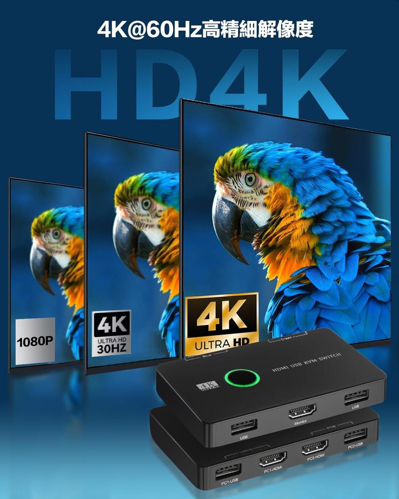 [2026 New Release] AFFLIC HDMI KVM Switch, 2 Inputs, 1 Output, 4K@60Hz Compatible, for 2 PCs and 1 Monitor, Keyboard, Mouse, and Printer Sharing, Stab