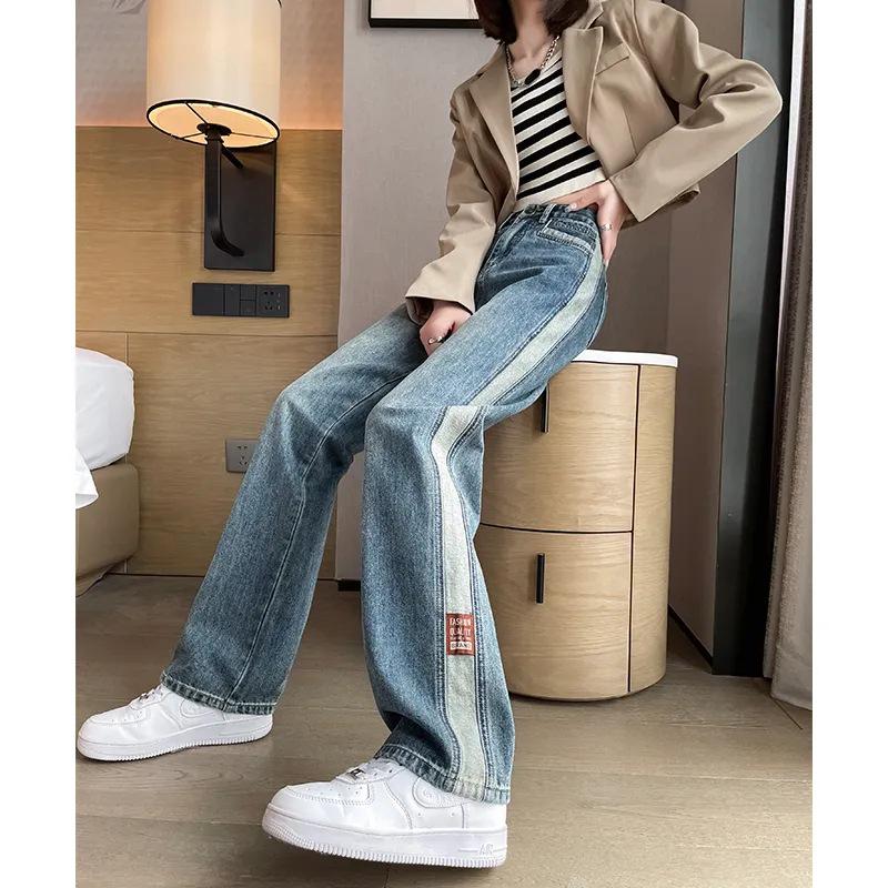 

2025 Women s Color Block High-Waist Wide Leg Jeans - Petite Spring/Autumn Spliced Straight Pants Medium синій