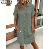Women's Fashion Summer Spring Solid Color Print Short Sleeve POLO Neck Loose Waistlinet Casual Dresses