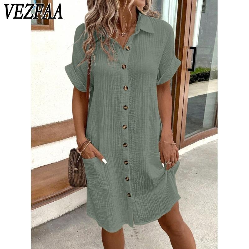 VEZFAA Women's Fashion Summer Spring Solid Color Print Short Sleeve POLO Neck Loose Waistlinet Casual Dresses