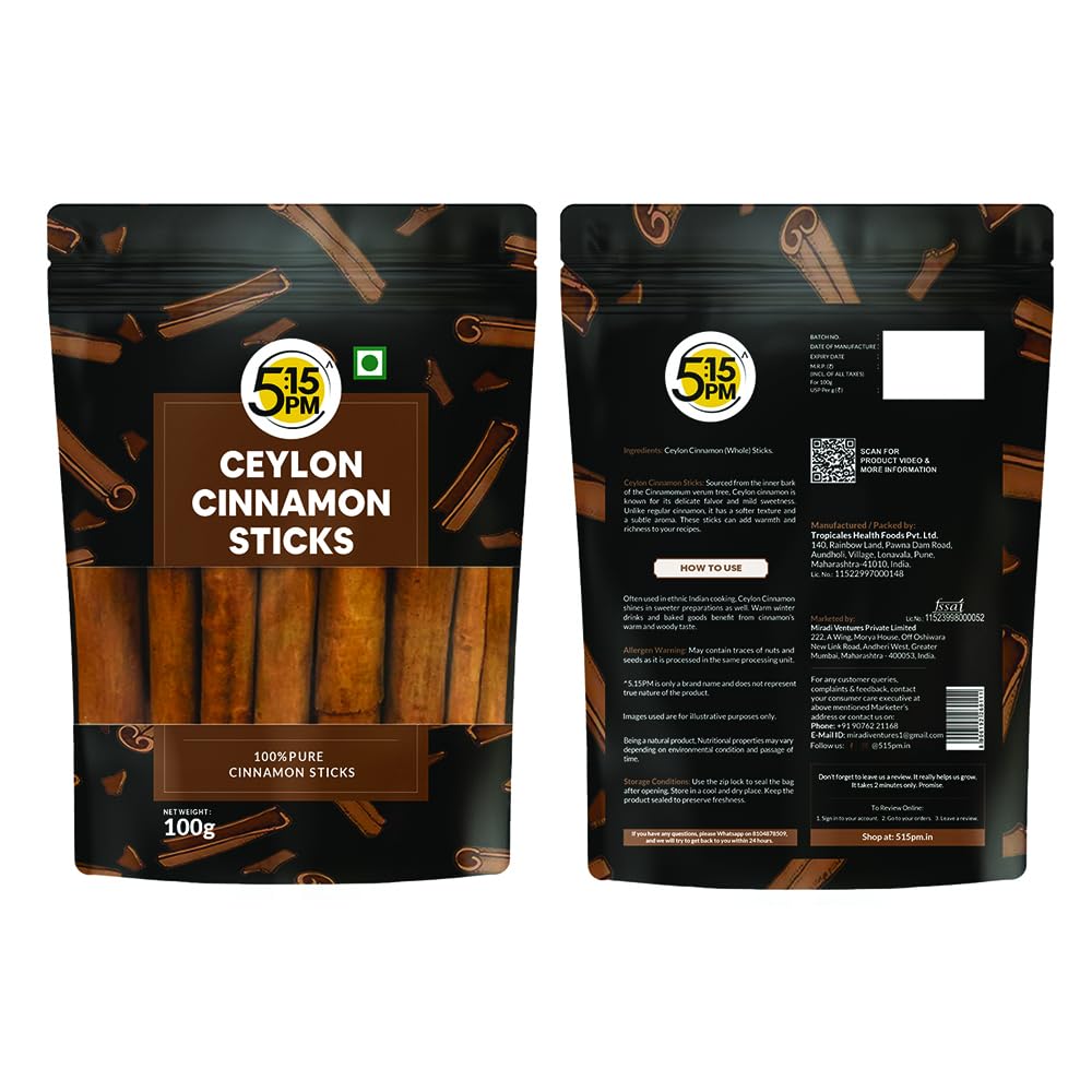 5:15PM Ceylon Zimtstangen Original 100g x Packung à 2 Stück | Aromatisches Sri-Lankan Dalchini für Backen & Tee