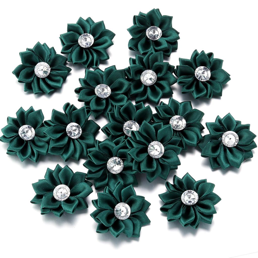20pcs 4cm Mini Satin Ribbon Flowers Colorful Rhinestone Handmade Flowers For DIY Clothing Sewing Headwear Decoration Accessories