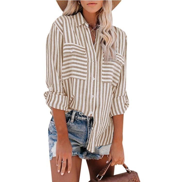 2024 Summer Women's Fashion Striped Long Sleeve Shirt Cotton Polyester Blend