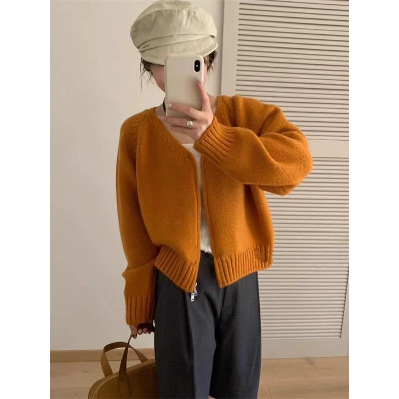 

Однотонный простой повседневный вязаный кардиган топ женский весенне-осенний новый V-образный вырез свободный свитер куртка тренд One size оранжевый