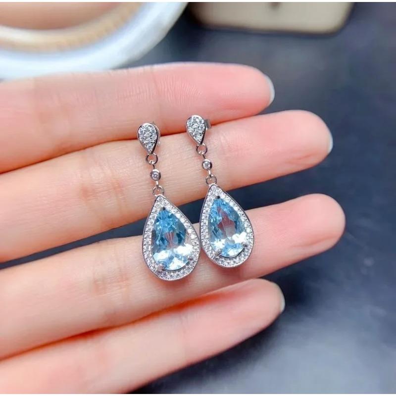 Natural Topaz Hoop Earrings Female Bule Stone Sterling Silver 925 Earrings for Women Big Topaz Earrings Valentiner's Day Gift