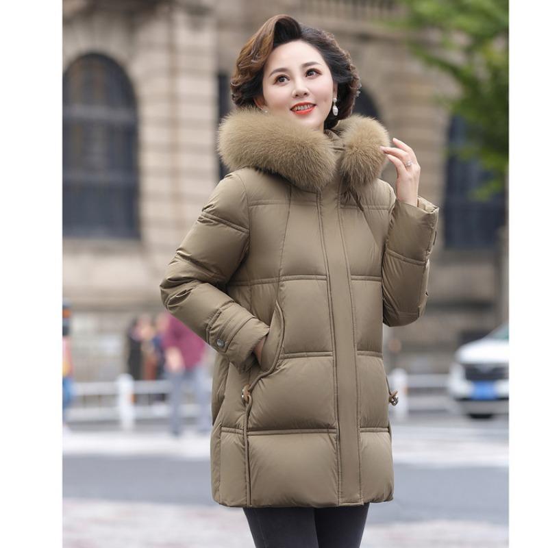 

Mom s hooded detachable fur collar solid color medium and long white duck down jacket medium and old women s down jacket L шампанского