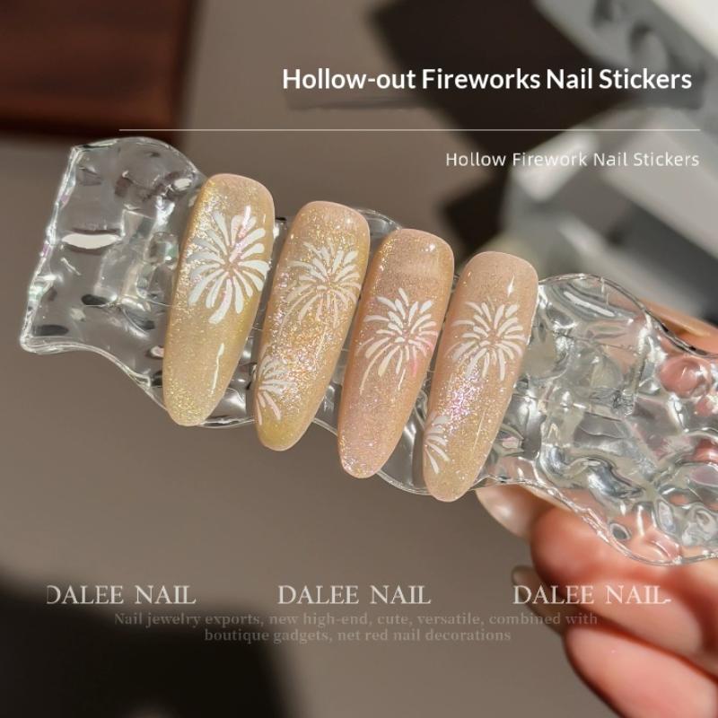 New Year Horse Fireworks Pattern Hollow Out Nail Art Stickers Colorful Nail Charm Template Stamp Manicure Decals Decoration
