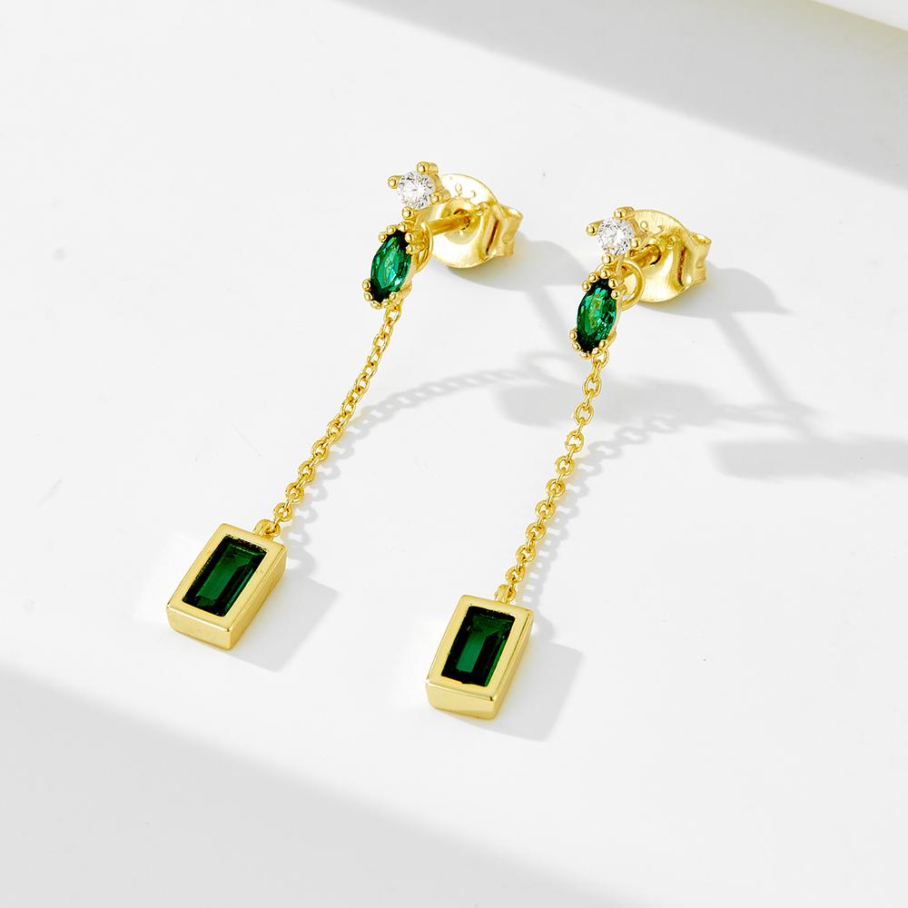 Custom Fashion 925 Sterling Silver Gold Plated Tassel Emerald Zircon Chain Earrings for Women Jewelry